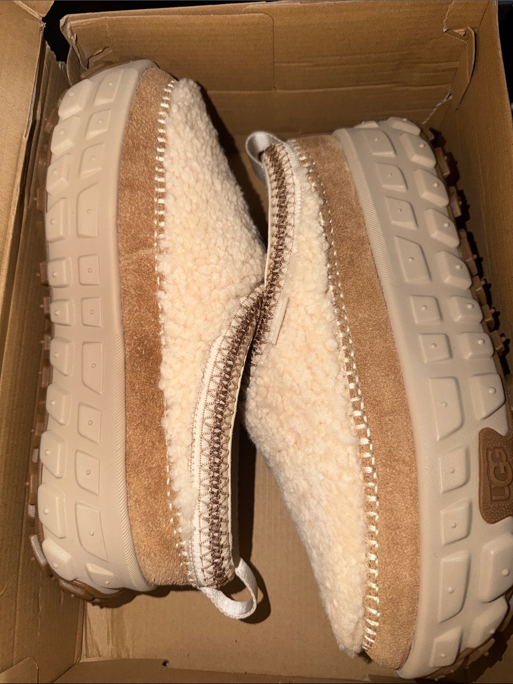UGG Sherpa-Lined Slip-On Slipper in Chestnut and Cream